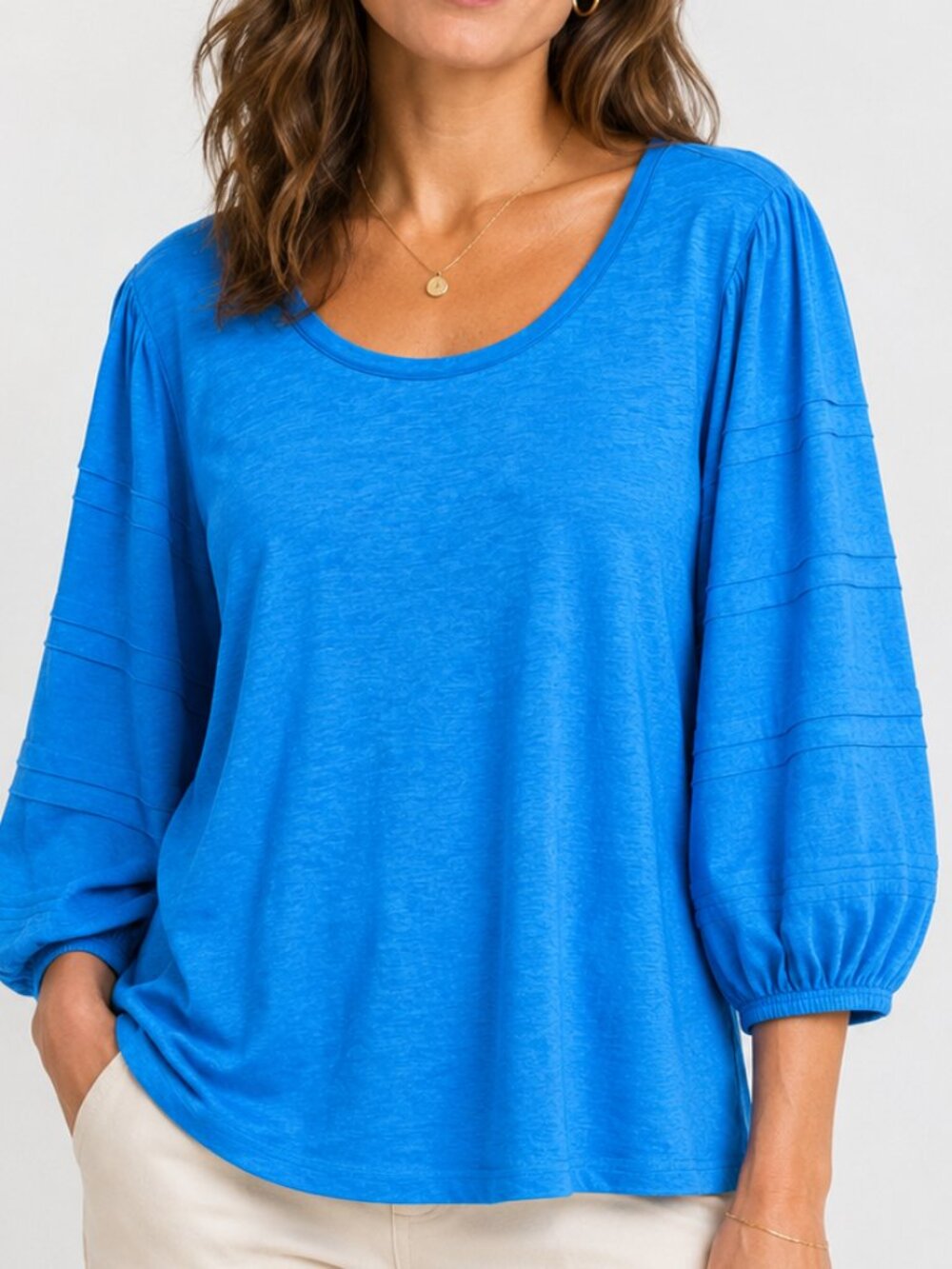 Chico's Coastal Blue Linen Cotton Balloon Pintuck Tiered Sleeve Top SZ Large